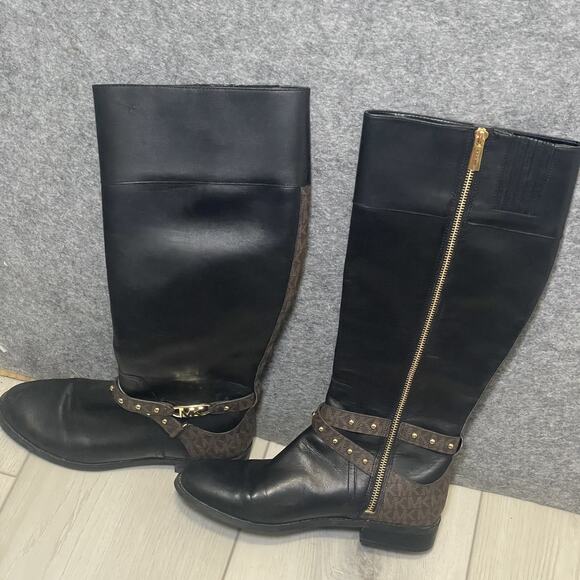 MICHAEL KORS $375 BLACK BROWN LOGO KINCAID RIDING BOOTS SZ 8 - Picture 1 of 13